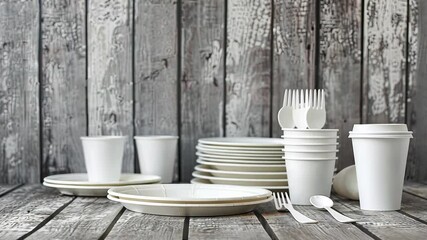 Set of disposable plates, cups, and utensils organized on a rustic wooden table, ideal for casual gatherings and picnics