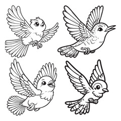 High-Quality Cute Cartoonic Cuckoo Flying Pose Outline Vector Illustrations