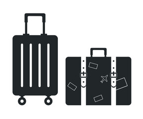 Set of icons of black silhouettes of travel suitcases on a white background. Concept for travel.