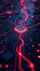 Fototapeta premium Complex circuit board with glowing pathways simulating AI, cyber, digital