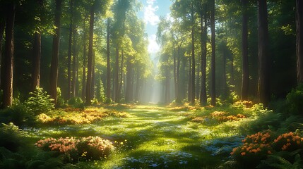 Fototapeta premium Sunlit forest path, flowers, nature, tranquil scene, background, digital art, wallpaper