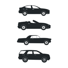 Set of black cars silhouette icons. Automotive industry concept. Modern and retro cars.