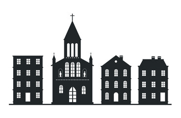 Fototapeta premium Icon of black silhouettes of buildings with church on white background. Architecture.