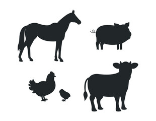 Set of farm animals icons on white background. Horse, pig, hen with chick and cow. Farm animals.
