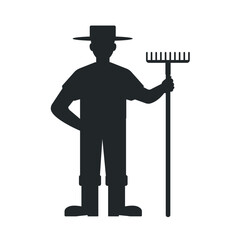 Farmer black silhouette icon with rake. Farming and gardening concept. Farm worker.