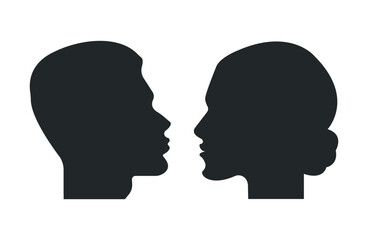 Icons of black silhouettes of heads of man and woman. Concept of relationships, love.