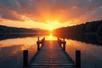 Golden sunset reflects on calm lake water, dock extends into view , outdoors, golden hour, reflection