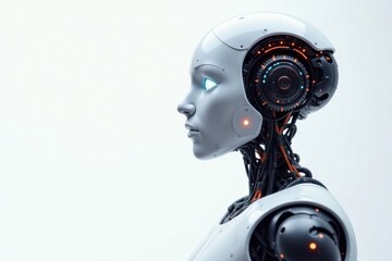 Naklejka premium Sleek AI robot, white background Cogs visible , digital, automation, clean background