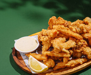 Delicious crispy fried seafood platter with dipping sauce and lemon
