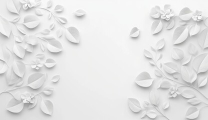 White paper flowers and leaves, decorative arrangement, minimalist design, empty space for text or branding