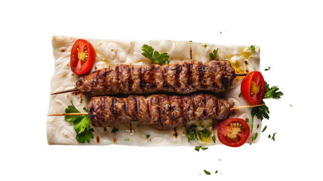Grilled lula kebab on pita bread with tomatoes and parsley on transparent background - Powered by Adobe