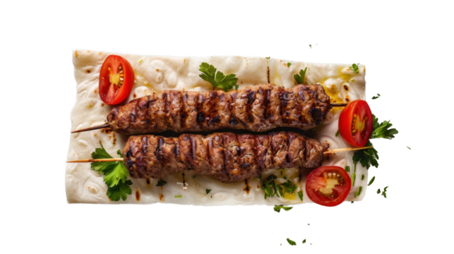 Grilled lula kebab on pita bread with tomatoes and parsley on transparent background