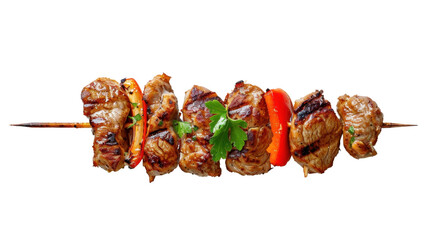 Grilled meat and pepper skewer on transparent background
