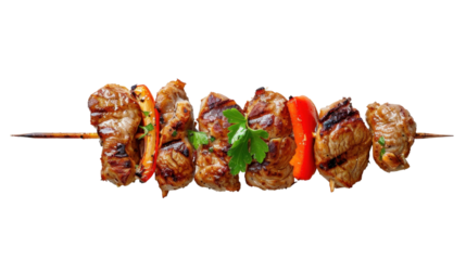 Grilled meat and pepper skewer on transparent background