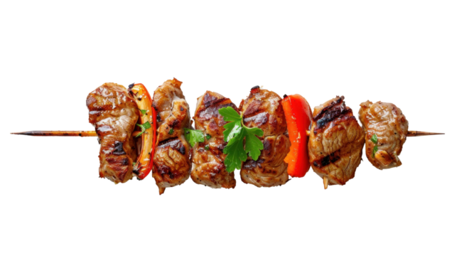 Grilled meat and pepper skewer on transparent background