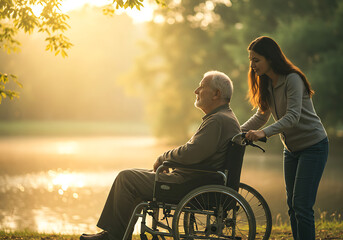 Una joven empujando la silla de ruedas de su abuelo.