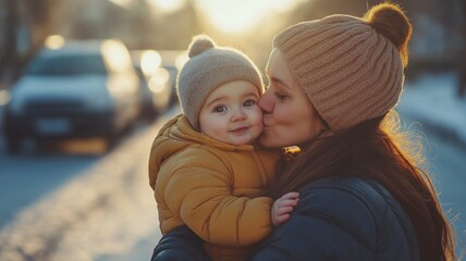 Fototapeta premium While carrying her infant next to a parked car, the mother gives him a kiss.