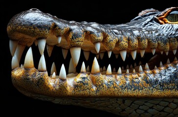 Obraz premium Close-Up of a Crocodile's Powerful Jaw and Sharp Teeth Against a Dark Background, Showcasing Intricate Patterns and Textures of Its Skin
