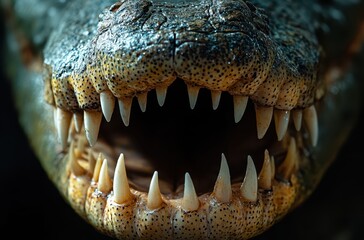 Obraz premium Close-Up of a Crocodile's Toothy Jaw Revealing Sharp Teeth, Intricate Texture, and Intense Gaze in Dramatic Lighting with Dark Background