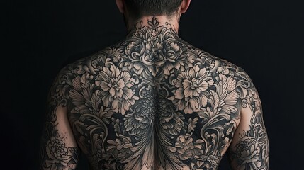 Full back creative tattoo design with intricate details.