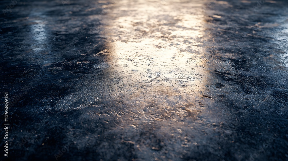 Poster wet surface with soft light shining through creating reflections and texture that evoke a sense of c
