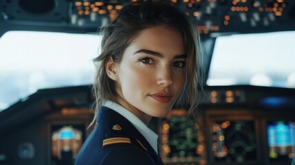 Confident Female Pilot in Cockpit with Control Panels and Lights, Aviation Career, Modern Aircraft Interior, Professional Aviation Environment