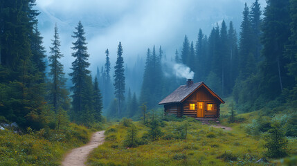 Cozy log cabin with smoke rising from the chimney, nestled in a misty forest setting during twilight