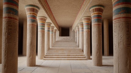 Obraz premium Ancient Egyptian Temple Interior with Colorful Columns and Steps
