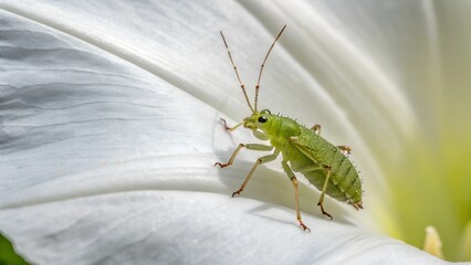 Macro Shot: A vibrant green insect delicately perched on a pristine white petal, captured in exquisite detail. 