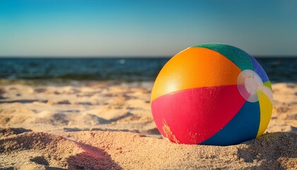 Obraz premium Close-Up of a Colorful Beach Ball in the Sand, Showing the Textured Surface and Vibrant Colors