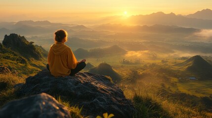 Obraz premium A person sits peacefully on a rock, meditating as the sun rises over misty mountains and valleys. The warm light creates a serene atmosphere at dawn, invoking tranquility