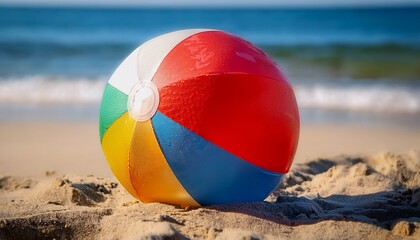 Close-Up of a Colorful Beach Ball in the Sand, Showing the Textured Surface and Vibrant Colors