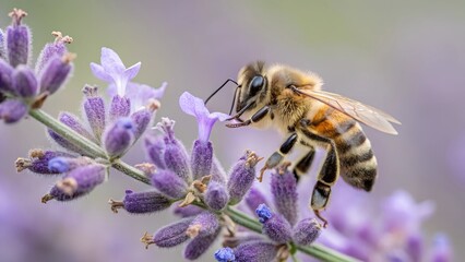 Bee and Lavender: a bee gently gathering nectar from vibrant lavender flowers in a bright garden, showing the natural synergy and beauty of the tiny creature