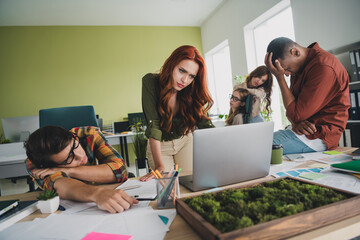 Photo of lovely young people worried tired teamwork startup teambuilding comfortable startup office loft room interior