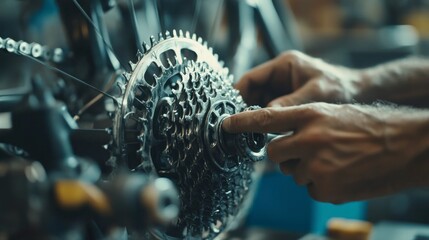 Mechanic fine-tuning racing bicycle gears in workshop closeup view technical focus precision engineering