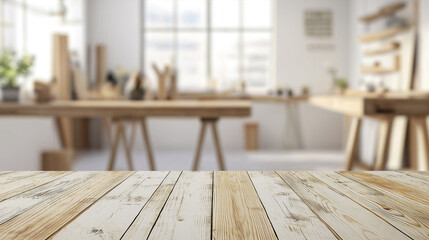 Empty wooden tabletop with a blurred workshop background. Perfect for product display, woodworking, or creative workspace themes.