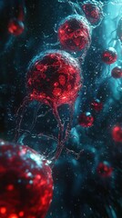 Microscopic view of vibrant red cells underwater.