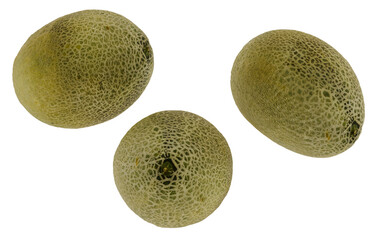 Three honeydew melon halves, studio shot, close-up, dark background