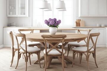 White kitchen, wooden dining table with chairs, purple flowers, bright light
