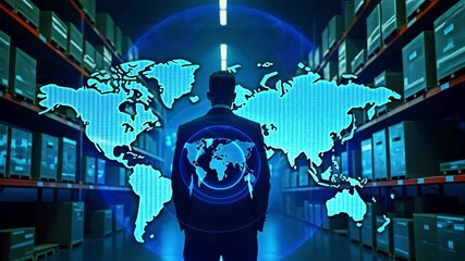 Businessman analyzing global logistics data in a modern warehouse with shelves full of packages - Powered by Adobe