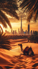A camel in the desert, with the modern skyscrapers of Dubai visible behind it, under the golden sunlight
