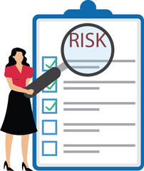 Root cause analysis and solving problems, risk analysis assessment, woman with magnifier monitor and investigate incident with exclamation mark