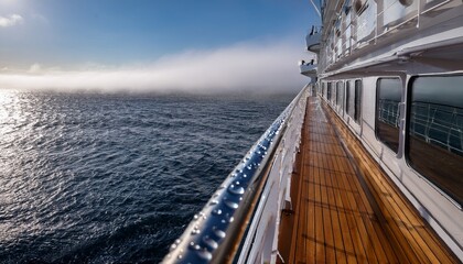 Close-Up of a Cruise Ship Deck Railing, Capturing the Reflective Surface and Tiny Drops of Water