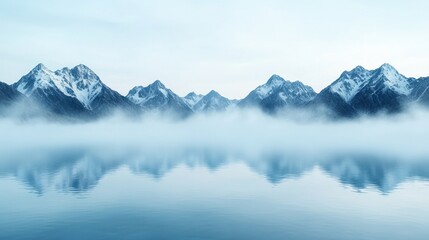 Obraz premium A serene landscape featuring snow-capped mountains reflected in calm waters, shrouded in mist, creating a tranquil atmosphere.