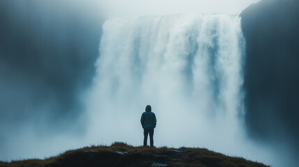 Obraz premium Person admires the powerful waterfall in a misty landscape during an overcast day in a natural setting