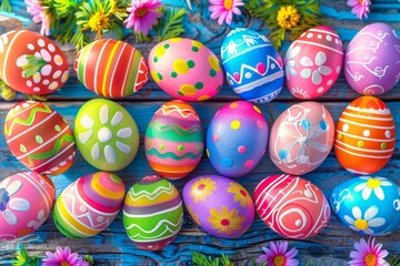 Obraz premium A row of colorful painted eggs with flowers and butterflies on them