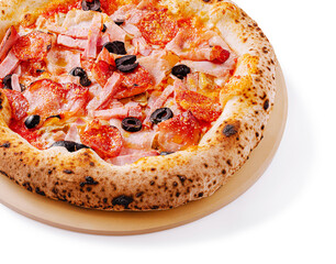 Freshly baked pizza with toppings on wooden plate