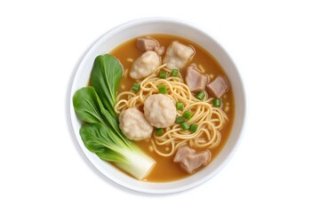 Top view of bowl of noodle soup dumplings vegetables