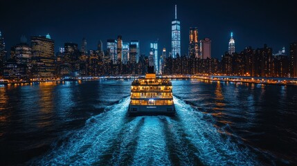 NYC Ferry at Night, City Skyline