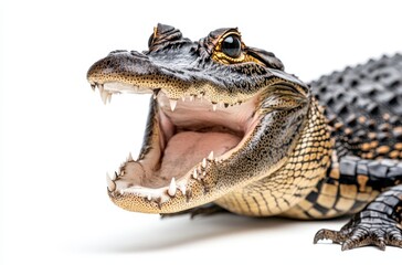 Fototapeta premium Close-Up of a Fierce Alligator with Open Mouth showcasing Sharp Teeth and Unique Skin Texture, Highlighting Nature's Raw Beauty